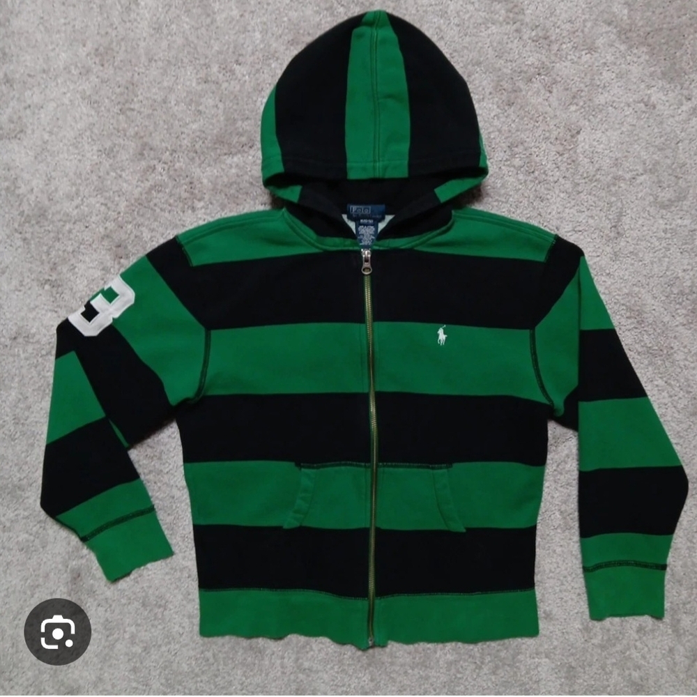 Ralph Lauren Green & Black Striped Zip-Up Hoodie - Kids